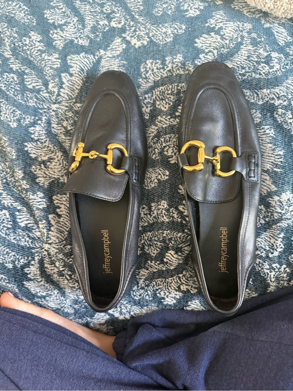 Jeffrey Campbell Black Leather Loafers with Gold Horsebit